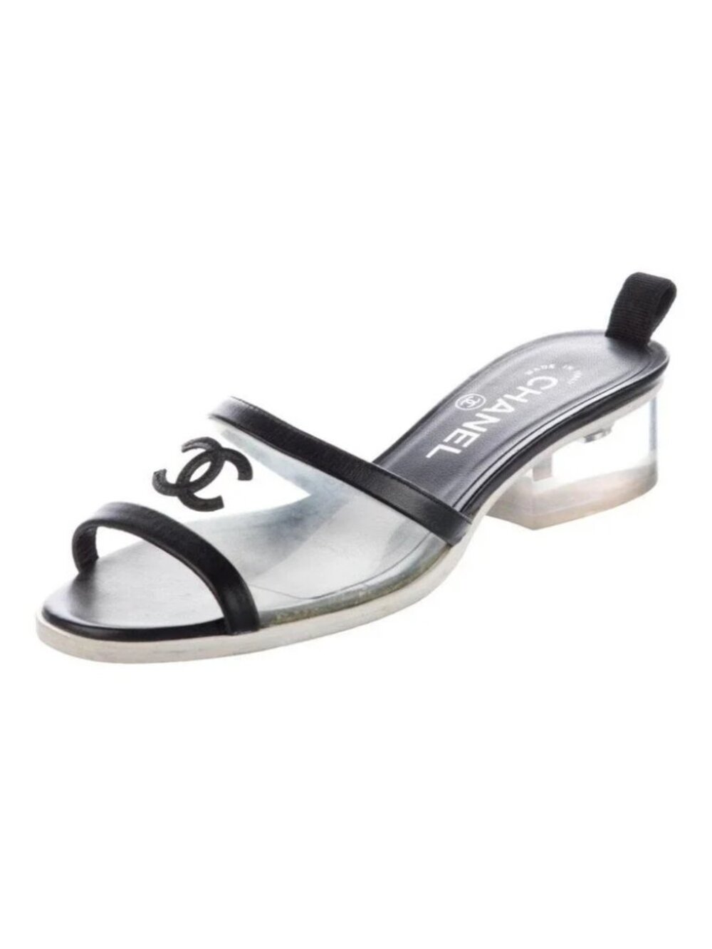 Authentic Chanel Blk Interlocking CC Logo PVC Leather Trim Sandal Slide 40 US/10 - Picture 1 of 16